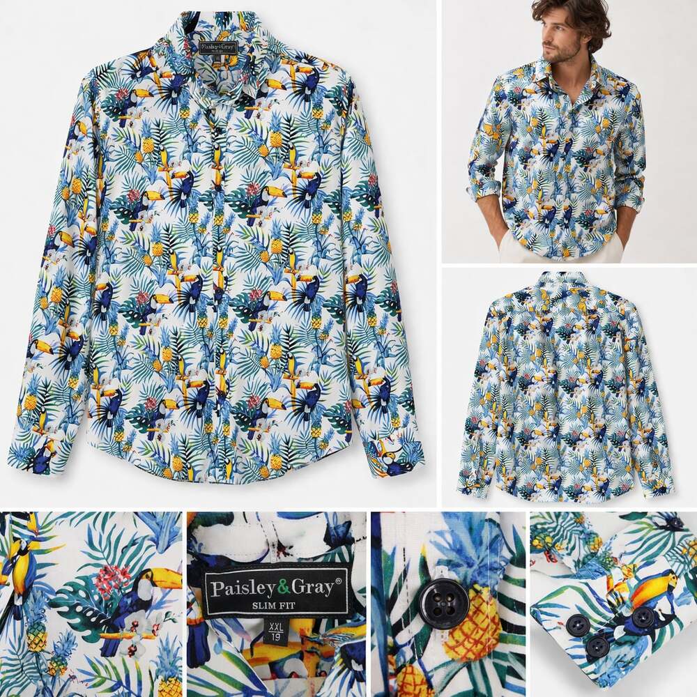 Paisley & Gray Button Shirt Men Size XXL Tropical Toucans‎ Pineapples